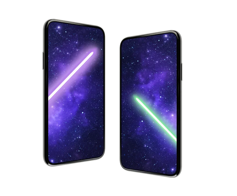 Two smartphones face each other, each displaying the blade of a laser sword. Both phones are strong with the force.