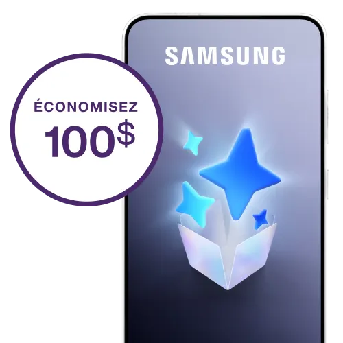 Téléphone intelligent avec un logo en forme d'étoile bleue AI à l'écran et un badge promotionnel « ÉCONOMISEZ 100 $ ».