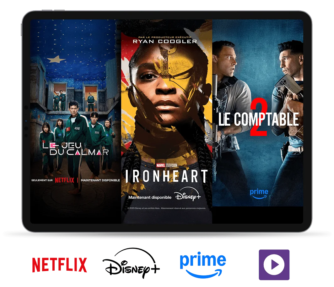 TELUS EnContinu+ affiches pour « Le Jeu De Calmar » sur Netflix, « Ironheart » sur Disney+, « Le Comptable 2 » sur Amazon Prime.
