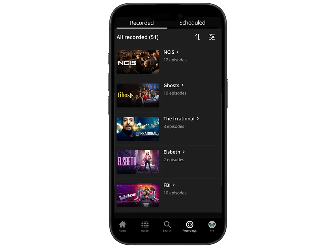 Smartphone displaying the TELUS TV+ app interface with recorded episodes of NCIS, Ghosts, The Irrational and more.