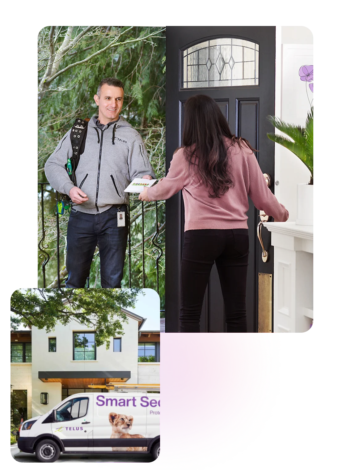 Une femme saluant un technicien TELUS à sa porte et une fourgonnette de technicien TELUS montrée à l'extérieur d'une maison.