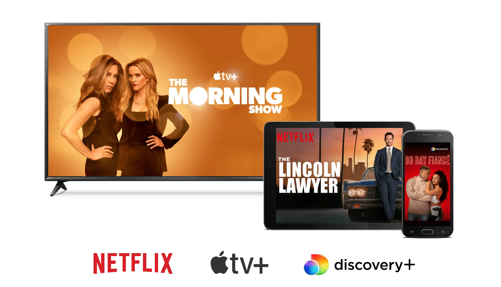 Devices show The Morning Show, The Lincoln Lawyer, and 90 Day Fiancé. Logos of Apple TV+, Netflix, and discovery+
