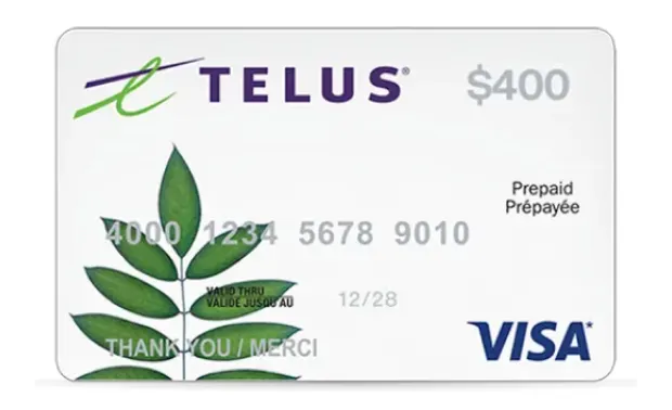 A TELUS branded Visa gift card with a four hundred dollar value.