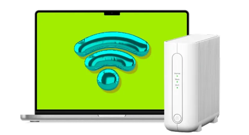 A laptop showing a Wi-Fi icon and an internet router are shown.