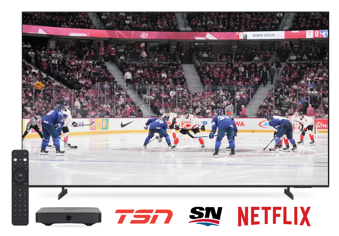 A large TV, remote control and digital TV box. The TV displays Team Canada playing in the World Juniors. Below the TV are the TSN, Sportsnet and Netflix logos.