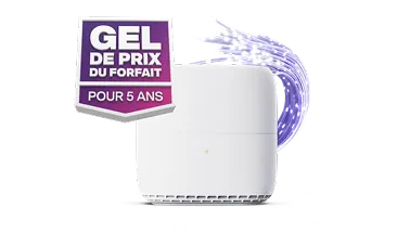 Un modem TELUS à côté du badge « Gel de prix du forfait pour 5 ans ».