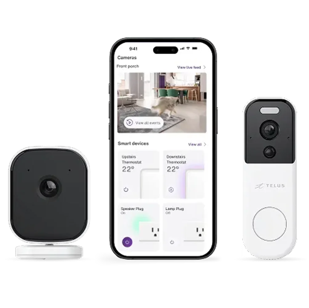 A smartphone and two security cameras.