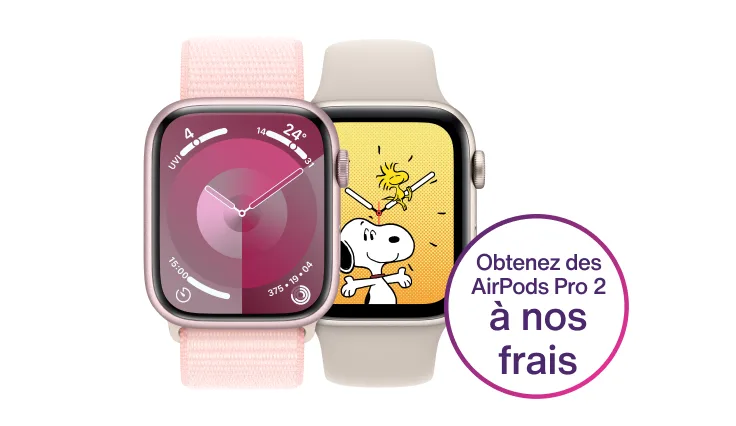 Deux Apple Watch Series 9 – l’une en aluminium rose, l’autre en aluminium argent – avec la légende « Obtenez des AirPods Pro 2 à nos frais ».