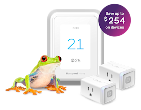 A frog is standing next to a smart thermostat and two smart plugs, displaying a roundel that says, Save up to $254 on devices