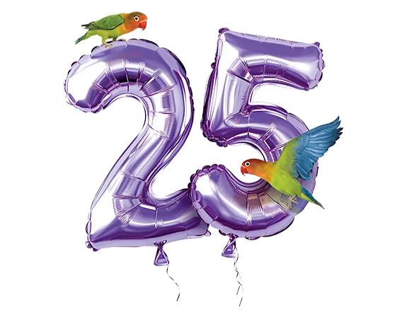 A purple number two balloon and a purple number five balloon, representing TELUS’ 25th brand anniversary. A Gouldian Finch sits on each balloon.