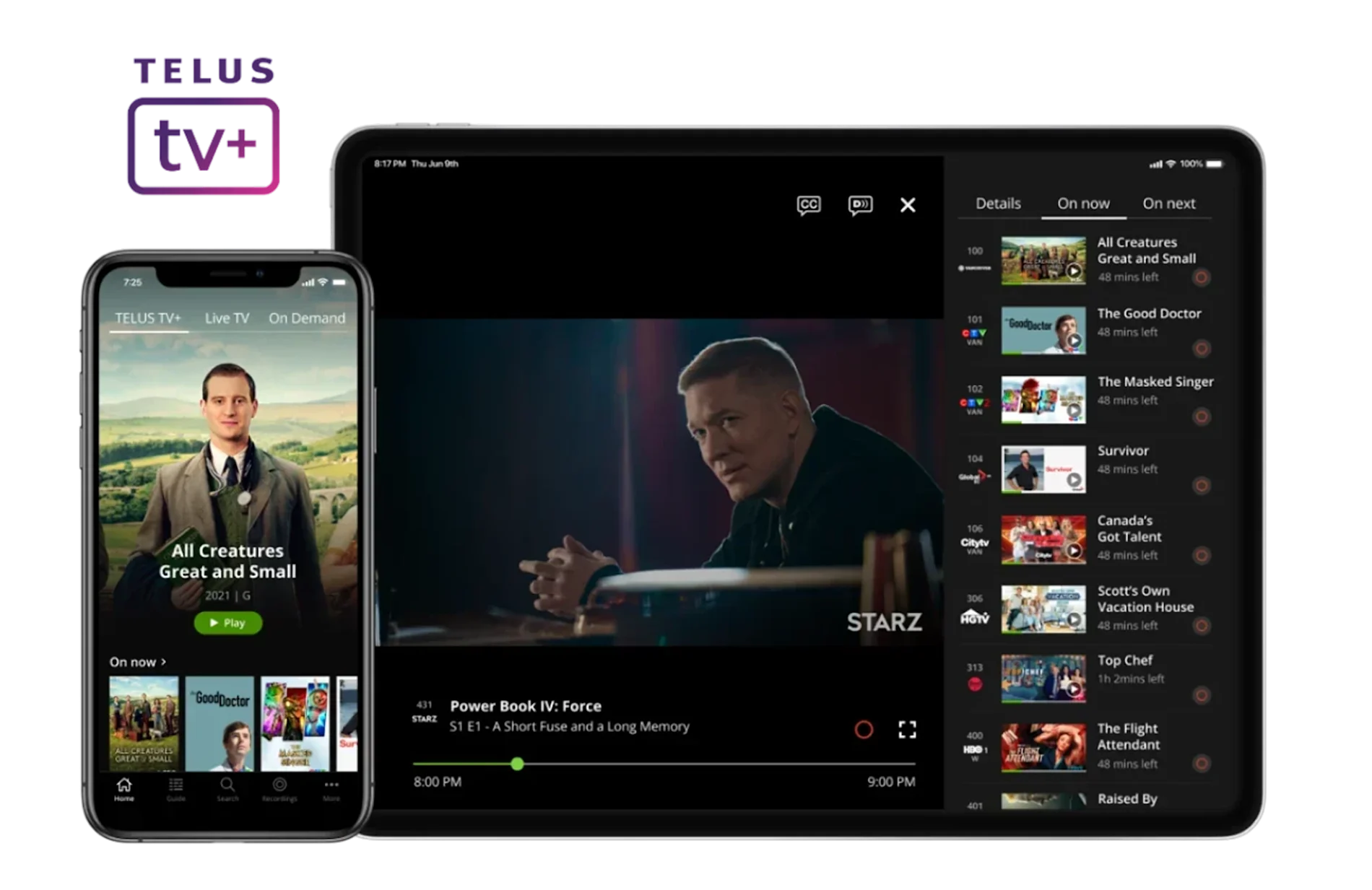 TELUS TV+ app on a smartphone and a tablet showing a live TV guide and a show currently playing.