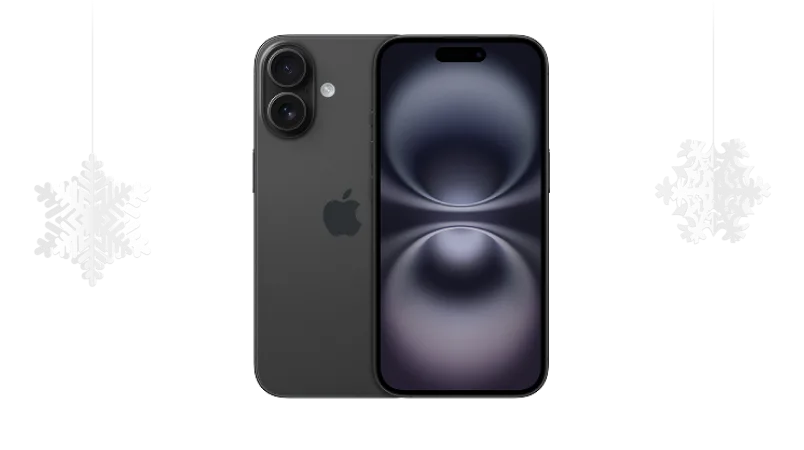 Paper snowflakes hanging amongst the front and back view of iPhone 16.