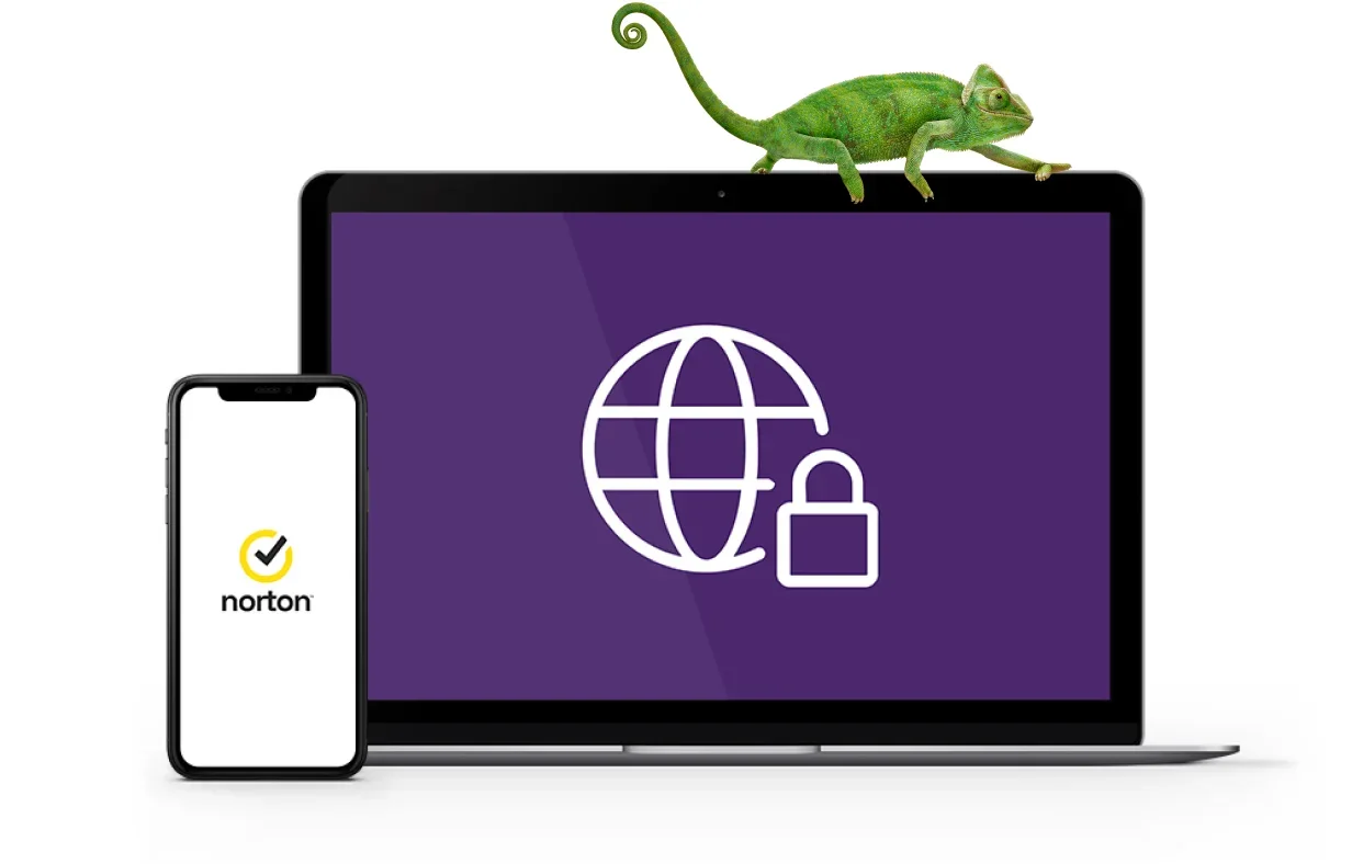 A chameleon walks across the top of a laptop displaying the Norton logo. 