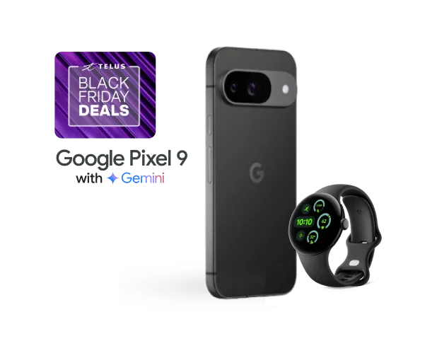 A logo that reads "Black Friday Deals" floats above the back view of a Google Pixel 9 and a Pixel Watch 3.