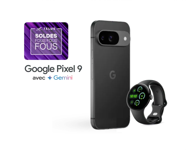 Un logo indiquant « Offres des Soldes fous fous fous » flotte au-dessus de la vue arrière d'un Google Pixel 9 et d'une Pixel Watch 3.