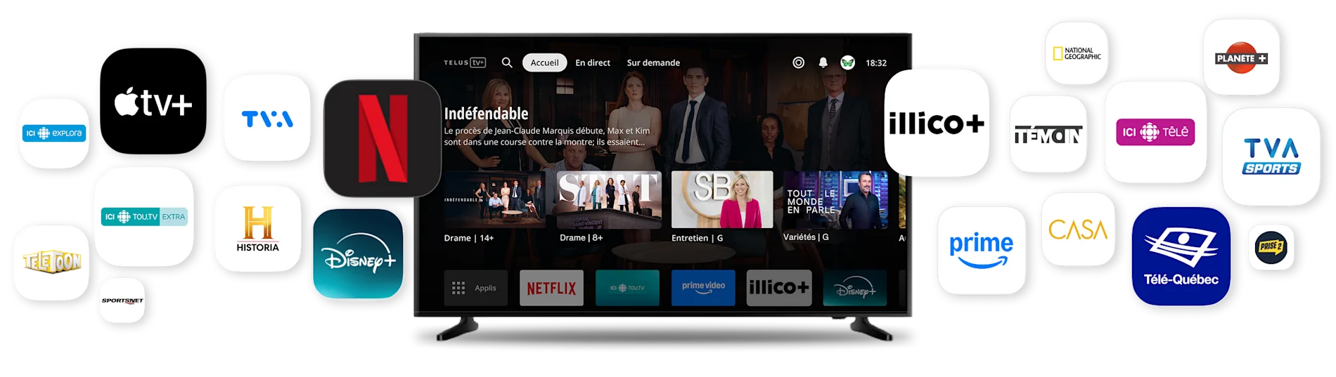 Un téléviseur affiche l'interface de TELUS TV. Il est entouré de nombreuses icônes de diffusion en continu populaires.
