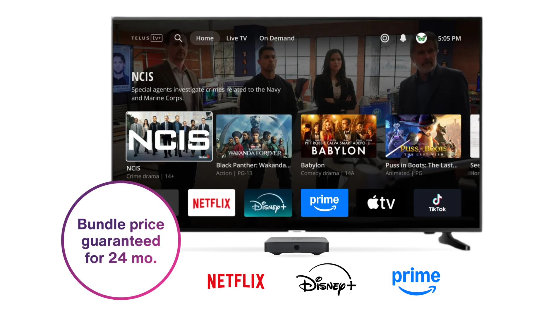 A large TV with various show selections on TELUS TV+ app. Next to it is a roundel with the text: Bundle price guaranteed for 24 months.