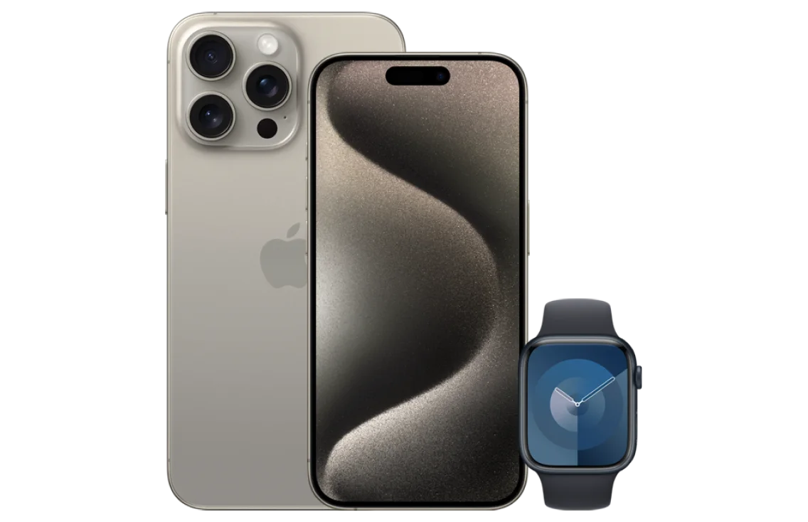 iPhone 15 Pro Max de couleur Titane naturel à côté de l’Apple Watch Series 9 avec boîtier en aluminium Minuit et bracelet sport Minuit.