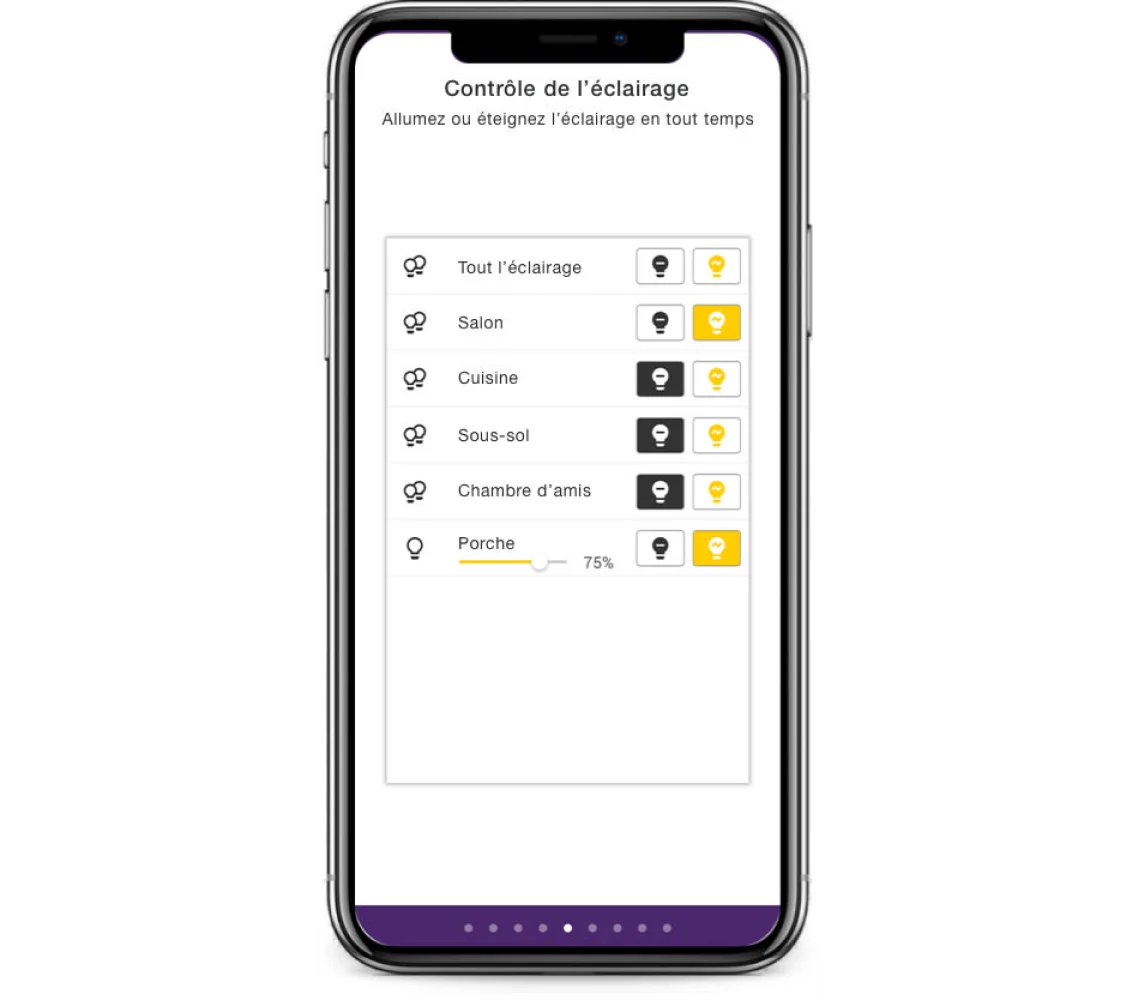 Écran de contrôle de l'éclairage de l'application Maison connectée