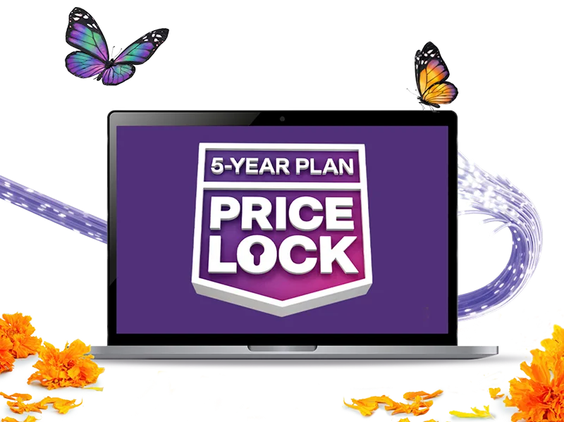 Two butterflies flutter toward a laptop displaying the 5-Year Plan Price Lock logo with a PureFibre cable behind it and marigold petals scattered on the floor.