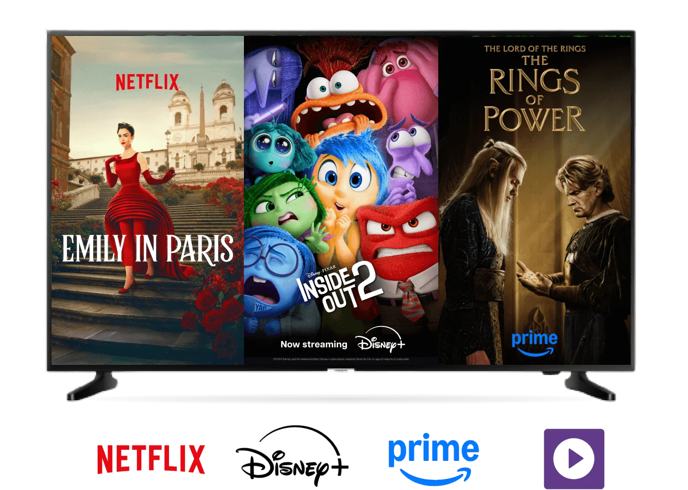 A TV screen showing posters for the Netflix series The Last Airbender, the Disney+ film Wish and the Prime series The Rings of Power. Netflix, Disney+, Amazon Prime and Stream+ logos.