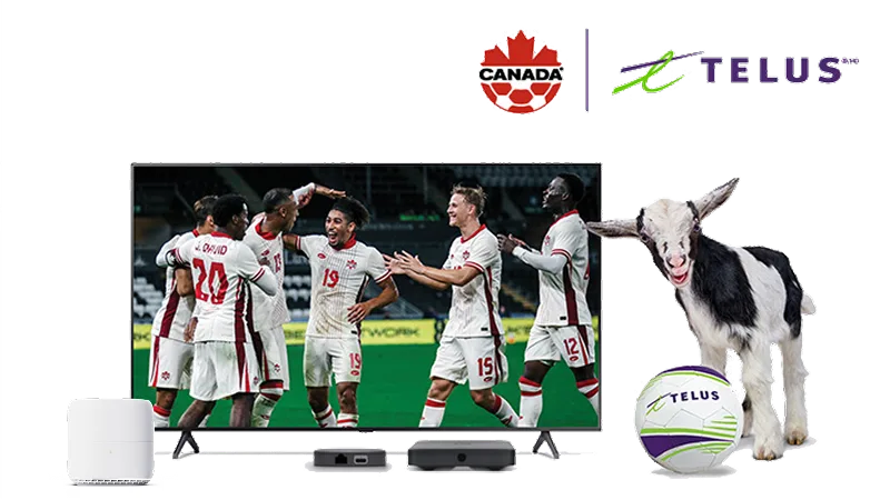 A goat and a TELUS soccer ball stand beside a TELUS modem and TV displaying Canada Soccer on TSN, representing the PureFibre Internet and Optik TV bundle. 