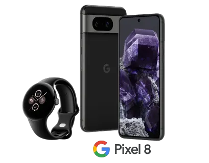 Avant et arrière du Google Pixel 8 en Noir volcanique, à côté d’une Pixel Watch 2 avec boîtier en Aluminium noir mat, au-dessus du logo Google Pixel 8.