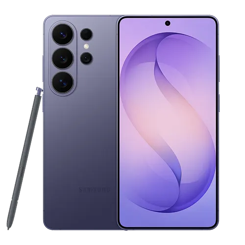  Front and back view of Samsung S26 Ultra with Stylus pen in Cobalt Violet.