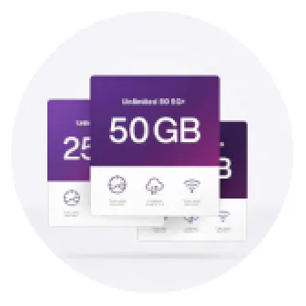 stacked mobile plan cards with 50 & 25 gigabytes of 5G data