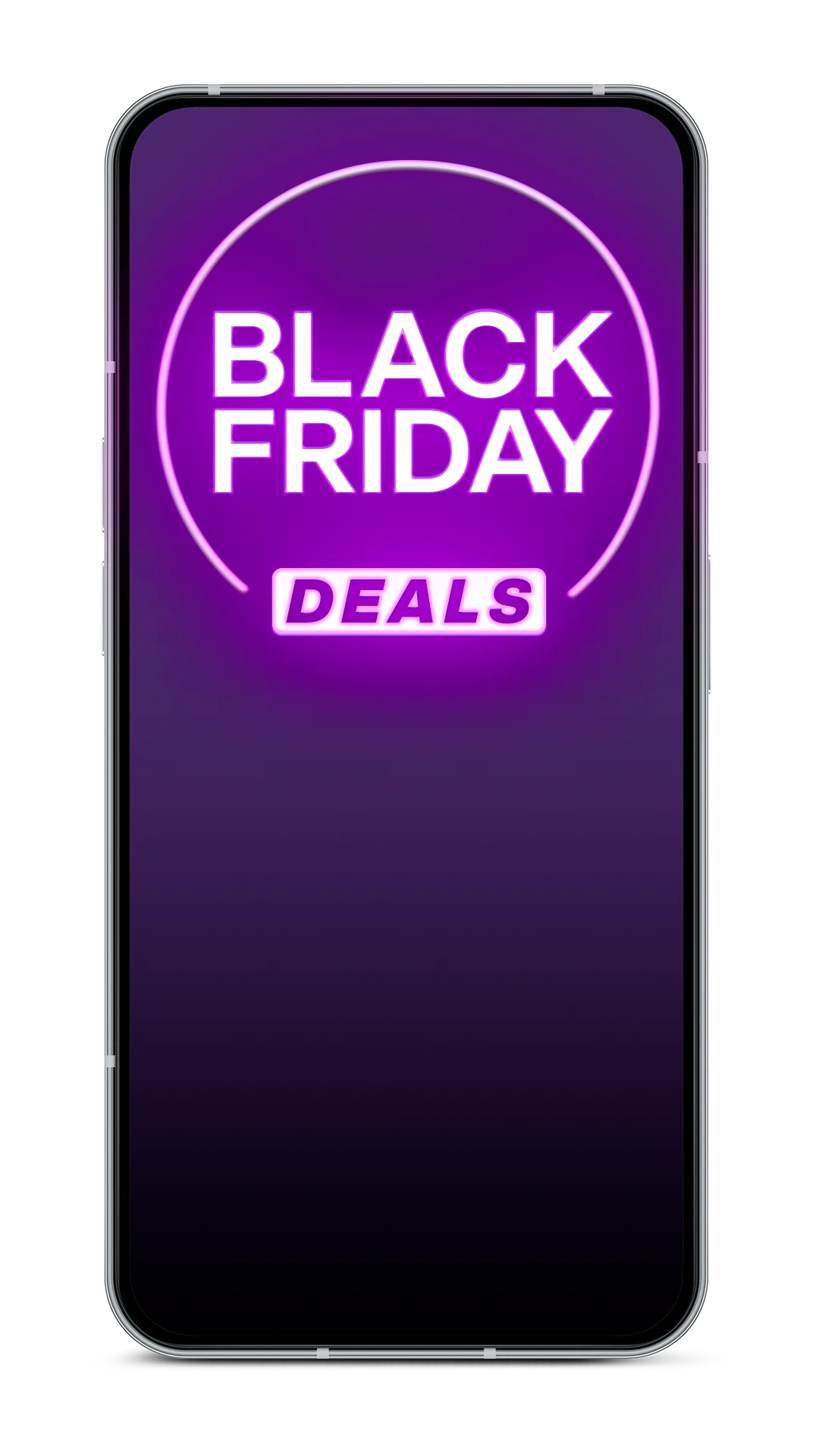 Smartphone screen with purple badge reading “Black Friday Deals”.