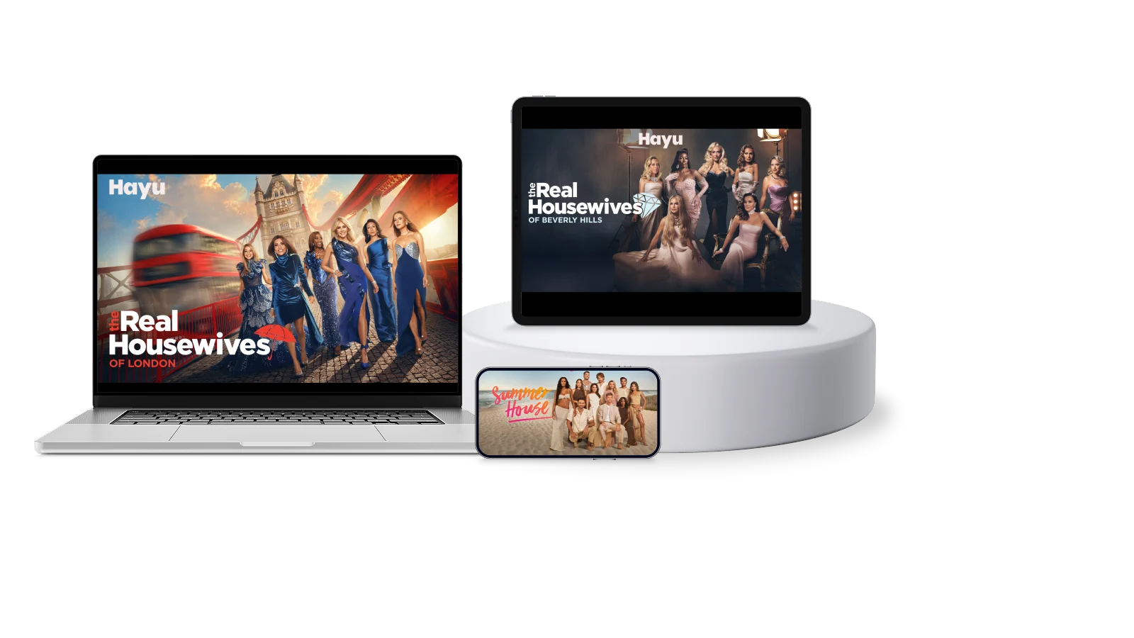 A laptop, tablet and smartphone. The device screens display the posters for Real Housewives of London, Real Housewives of Beverly Hills and Summer House.