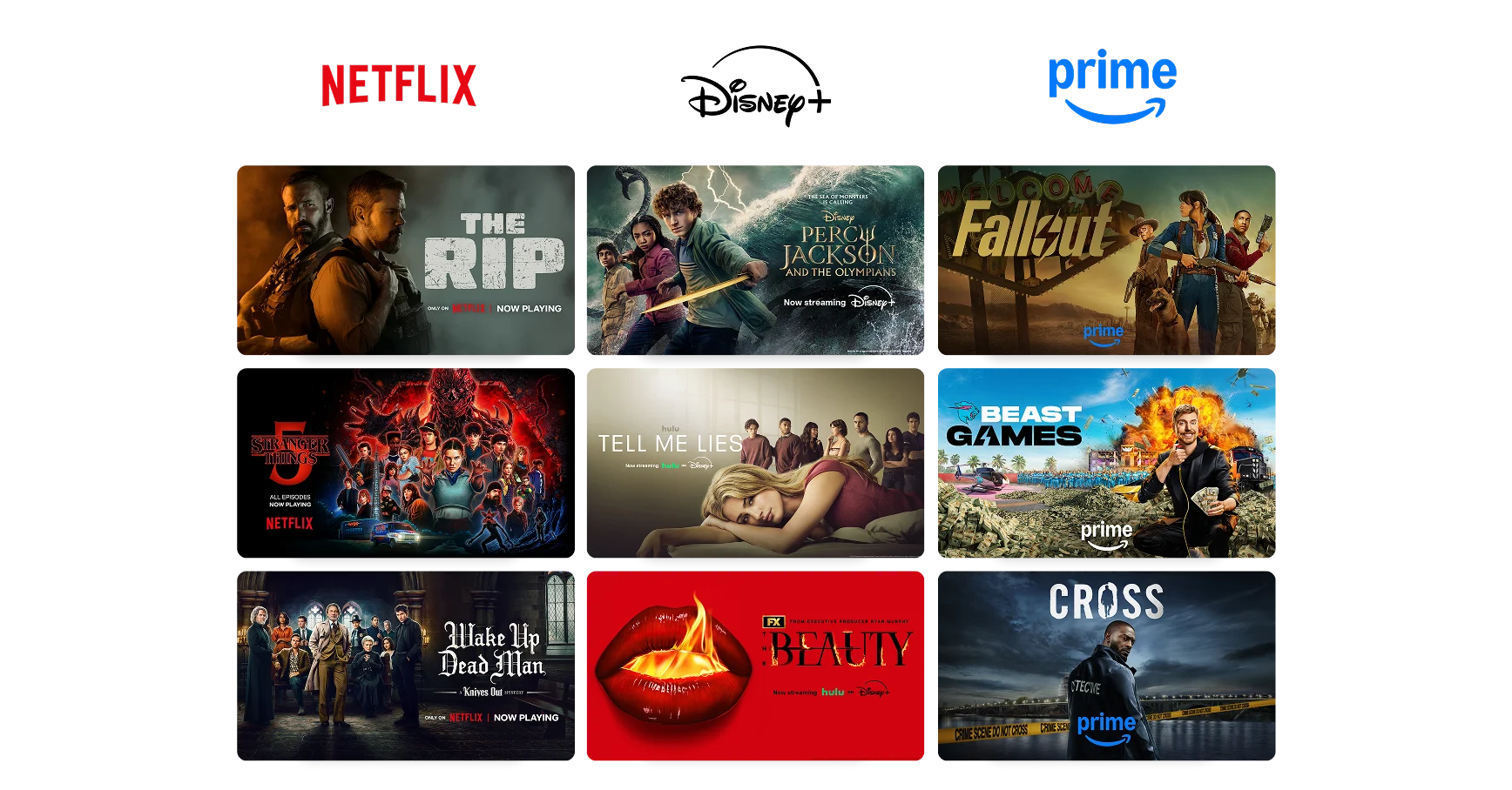 Grid of nine tiles displaying popular streaming content from services like Netflix, Disney+ and Amazon Prime.
