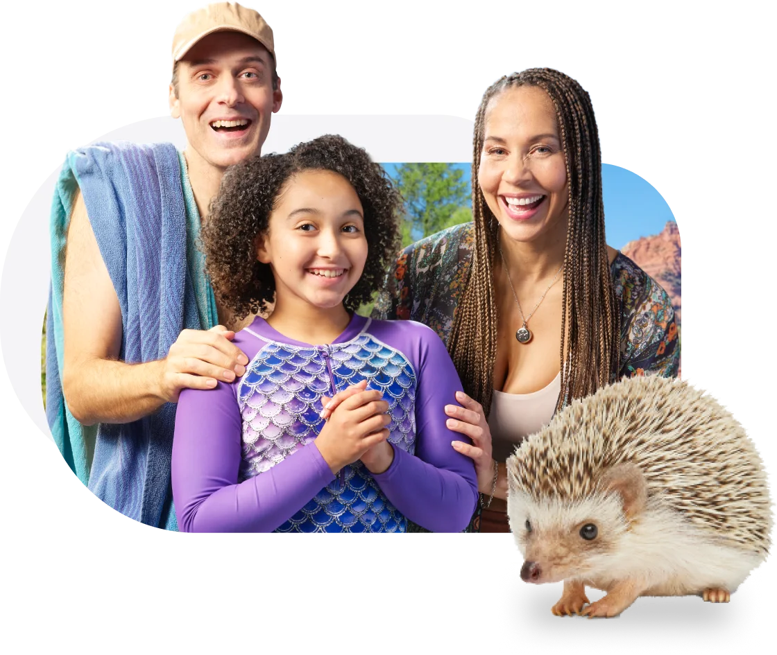 A family poses for a photo on holiday and are worry-free with TELUS’ Easy Roam and more.