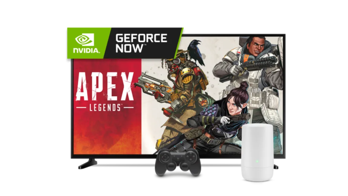 An image showing a large TV with the game Apex Legends on the screen and a game controller with TELUS Internet device on the foreground.