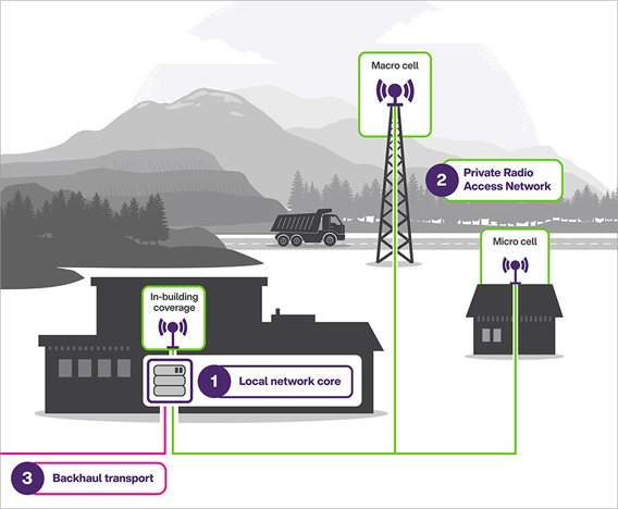 Diagram showing rural network connectivity. with macro-tower and micro-cell infrastructure.