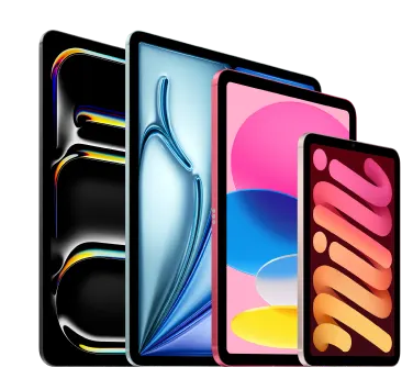 La gamme d’iPads comprend un iPad Pro 13 po (Puce M4) en Noir infini, un iPad Air 11 po (Puce M2) en Bleu, un iPad Air (5e génération) en Rose et un iPad Mini en Comète.