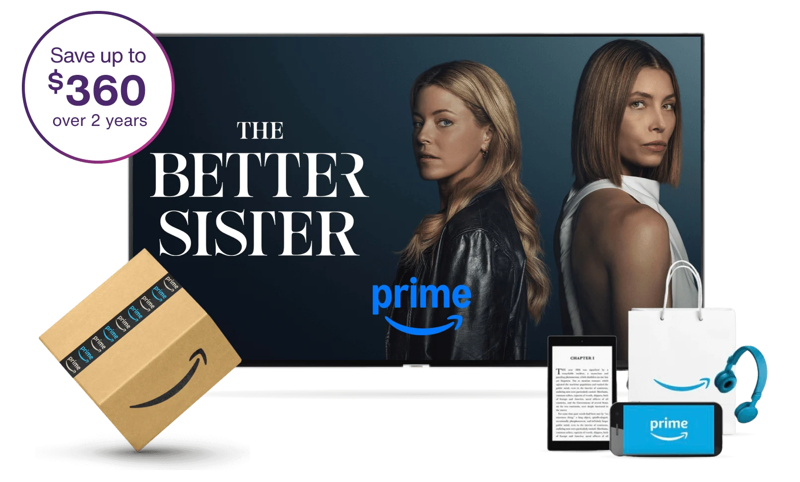 A TV screen displays Amazon Prime’s The Better Sister. A roundel on the left reads: Save up to $360 over 2 years. On the bottom two corners are mobile devices, headphones, an Amazon bag and package.