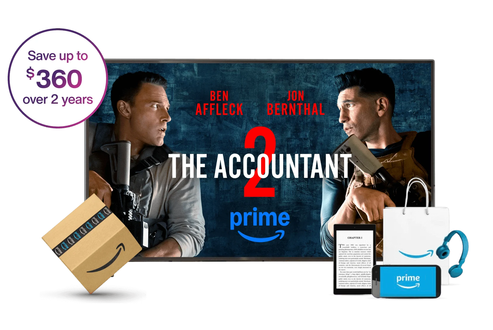 A TV screen displays Amazon Prime’s The Accountant 2. A roundel on the left reads: Save up to $360 over 2 years. On the bottom two corners are mobile devices, headphones, an Amazon bag and package.