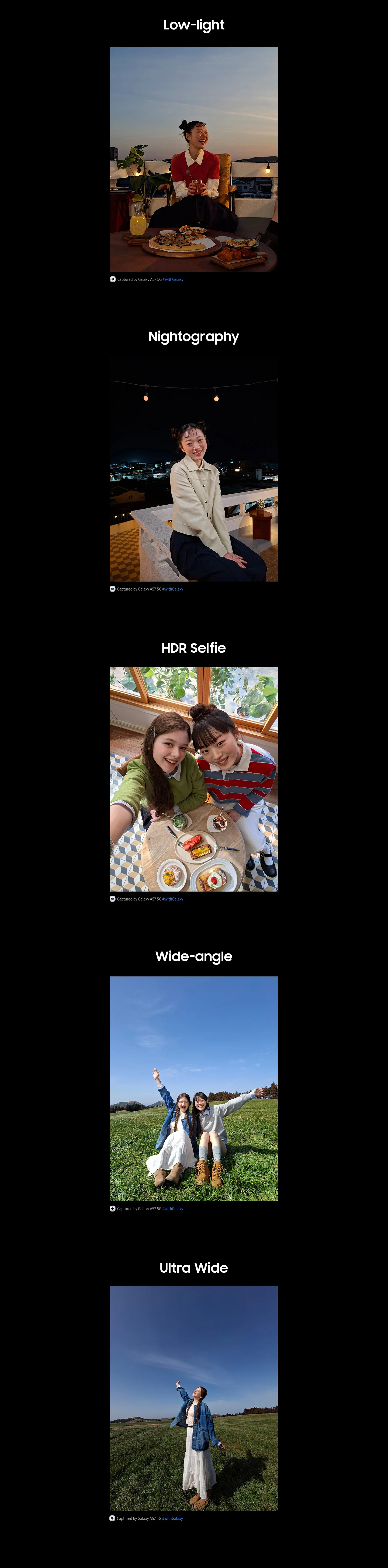 A different image is shown to display each kind of photo that can be taken on Galaxy A57 5G. Low-light, Nightography, HDR Sefie, Wide-angle, Ultra Wide.