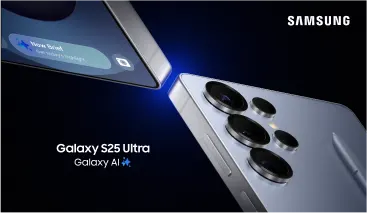 The front and back view of the Galaxy S25 Ultra. A logo reads, "Galaxy S25 Ultra: Galaxy AI".