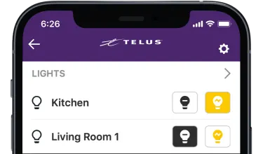 A smartphone displays the ability to control lights in the SmartHome Security app.