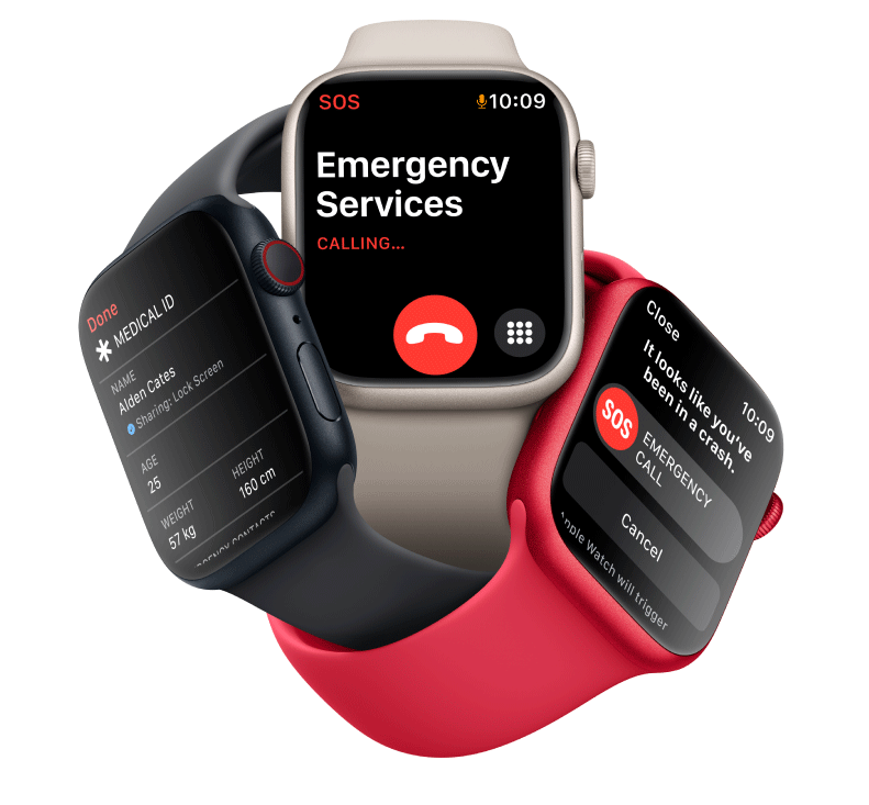 3 Apple Watches in black, silver and red