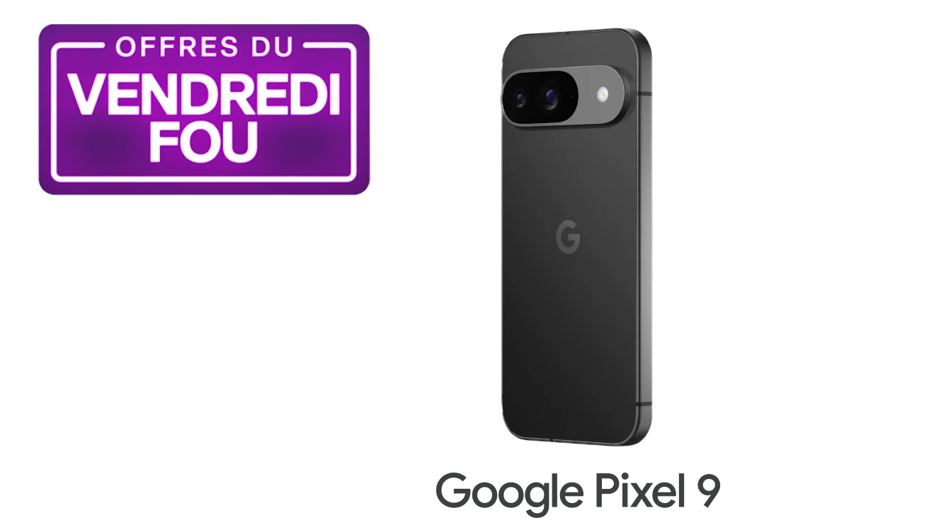 Vues avant et arrière du Google Pixel 9. Une concarde indique « Offres du Vendredi Fou ».