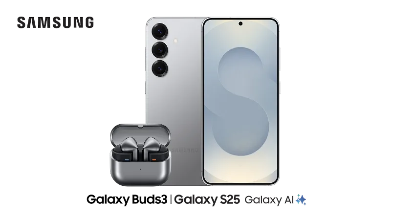 The front and back view of Samsung Galaxy S25 sitting slightly behind a pair of Galaxy Buds3.
