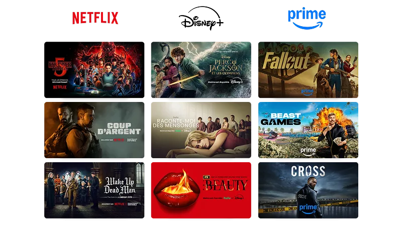 Une grille de neuf vignettes affichant du contenu populaire en diffusion en continu provenant de services comme Netflix, Disney+ et Amazon Prime.