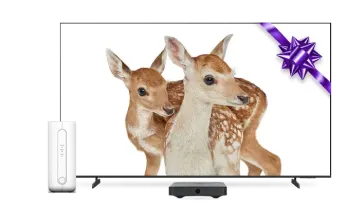 A TV and TELUS modem. The TV screen displays two deer and a purple bow.