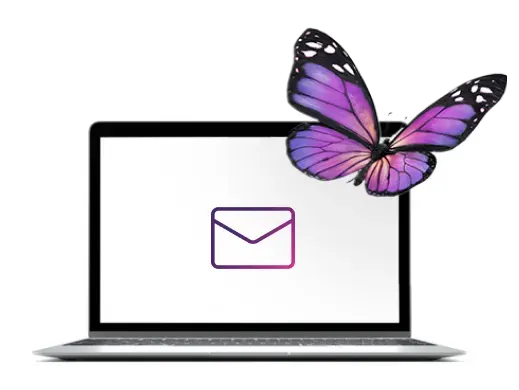 An image showing a laptop with an email icon as a wallpaper and a butterfly on the foreground.