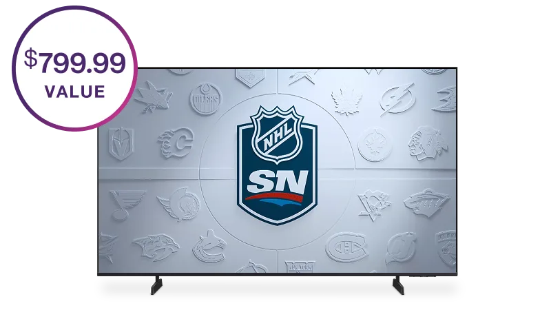 TV screen displaying NHL and Sportsnet logos surrounded by team logos, with a "$799.99 VALUE" badge.