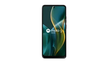 The moto g stands infront of a white background.