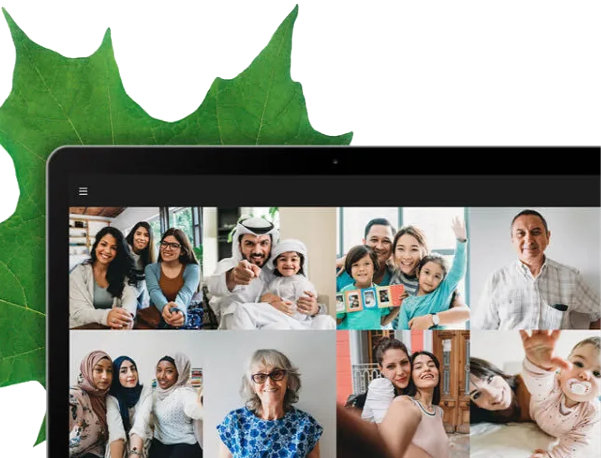 A laptop screen depicting a collage of people of various ages and ethnic backgrounds smiling and looking into the camera on a video call.